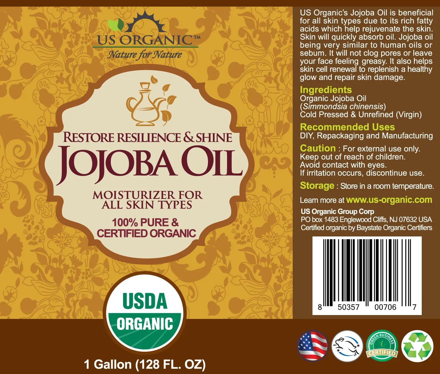 US Organic Jojoba Oil, 100% Pure Certified USDA Organic, 128 oz (1 Gallon)